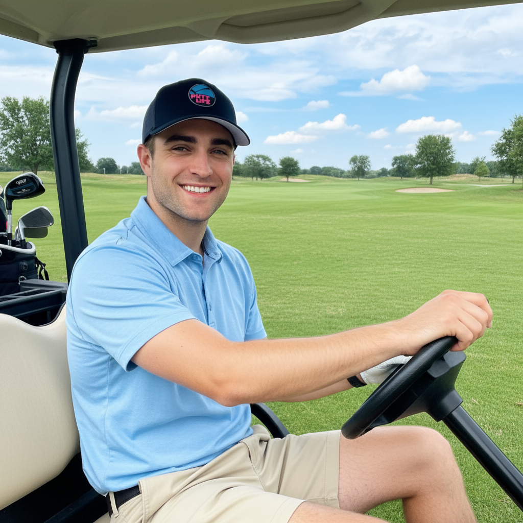 Putt life golf blue and pink putter logo black trucker snapback hat front on golfer in golf cart