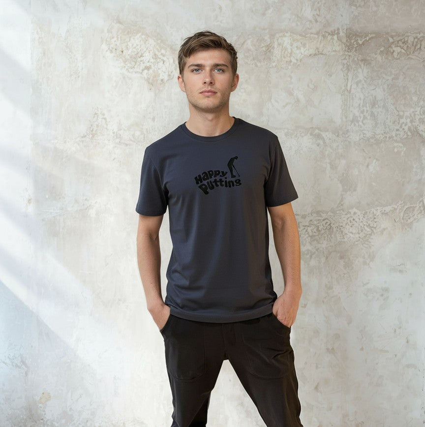 Man wearing a Putt Life Golf navy blue t-shirt with 'Happy Putting' text and graphic of golfer front view