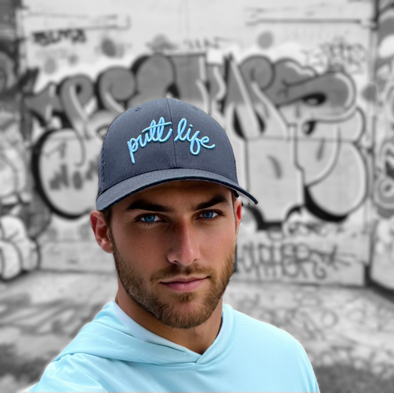 putt life golf blue puff embroidery logo graphic putting black snapback trucker hat one size fits all cool fashion flexfit 110