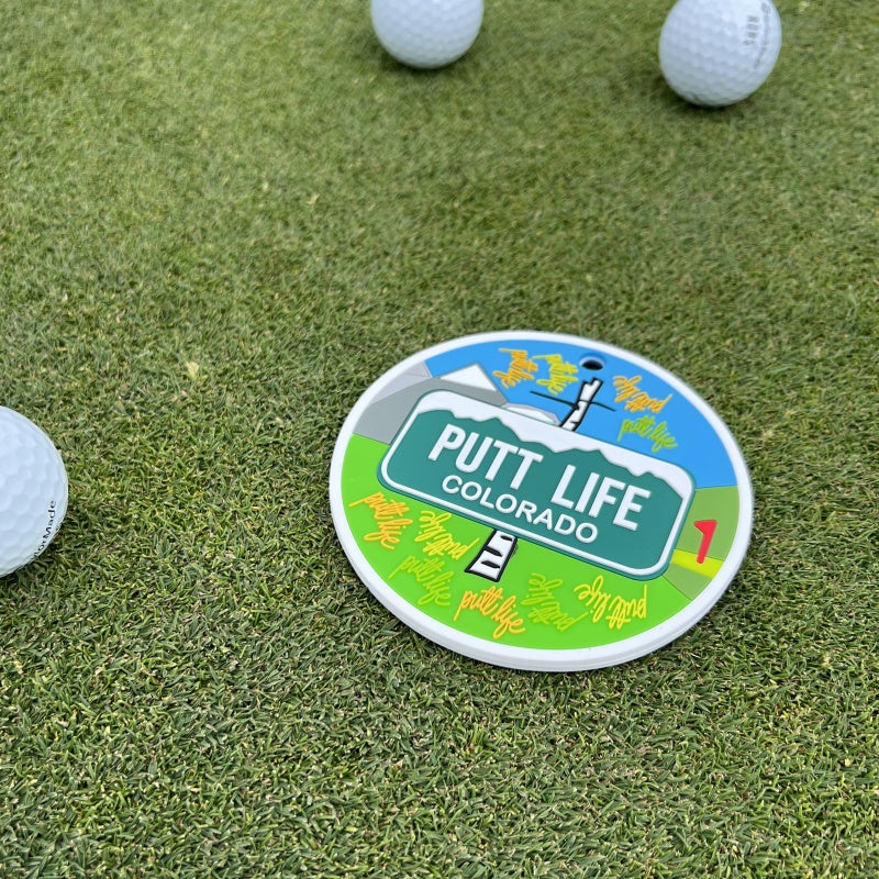 putt life golf Colorado golf putting disc on bag unique graphic design cool putter accessory