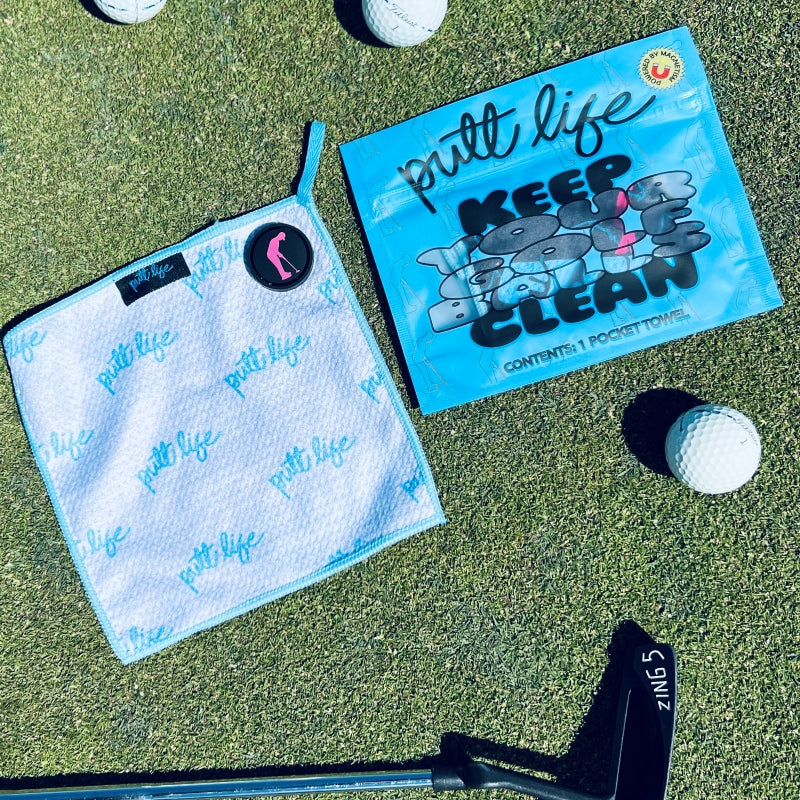 putt life golf florida flow magnet pocket putting towel on bag blue pink unique graphic design cool accessory