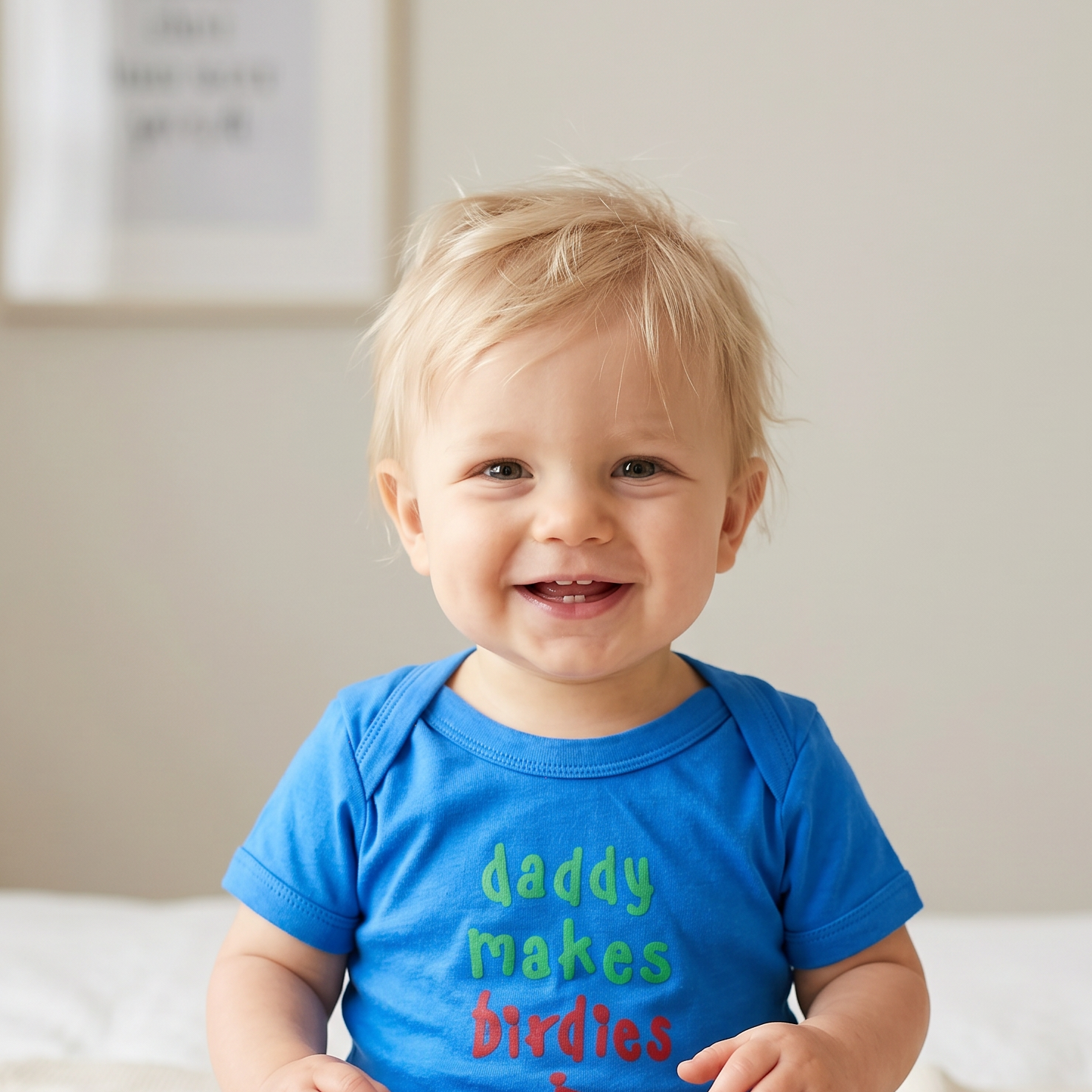 daddy makes birdies blue 1z onesie worn by 1 year old baby blond boy who is smiling