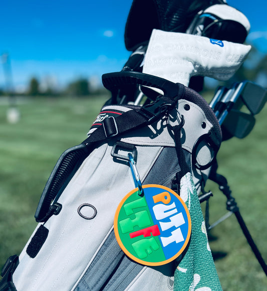 putt life golf happy putting blue green white red white sun and clouds golf putting disc on golf bag graphic design putter putting accessory