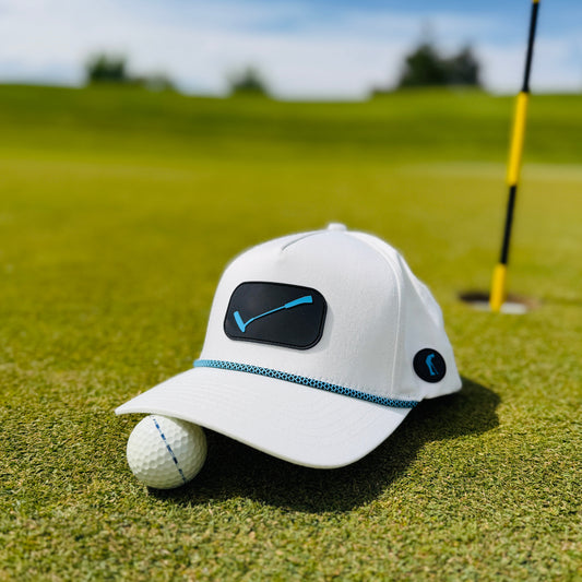 white golf rope hat black and blue rubber putter patch putt life golf